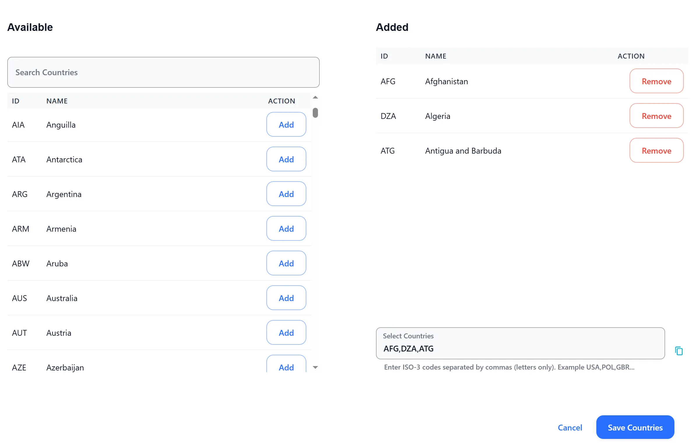 Select countries